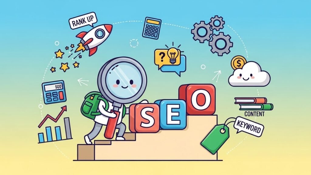 Colorful flat-style illustration featuring SEO-related icons including a magnifying glass over the word SEO, graphs, gears, keywords, clock, cloud, and ranking elements on a gradient background.
