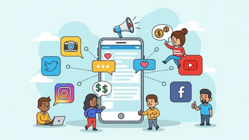 Illustration showing interconnected social media icons including Facebook, Instagram, Twitter, speech bubbles, likes, shares, and diverse people engaging on mobile devices and computers.