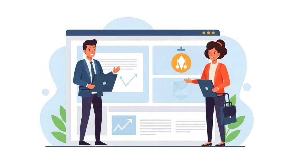 Illustrated scene of a business professional presenting a custom website design with charts and graphs on a large screen to another professional.