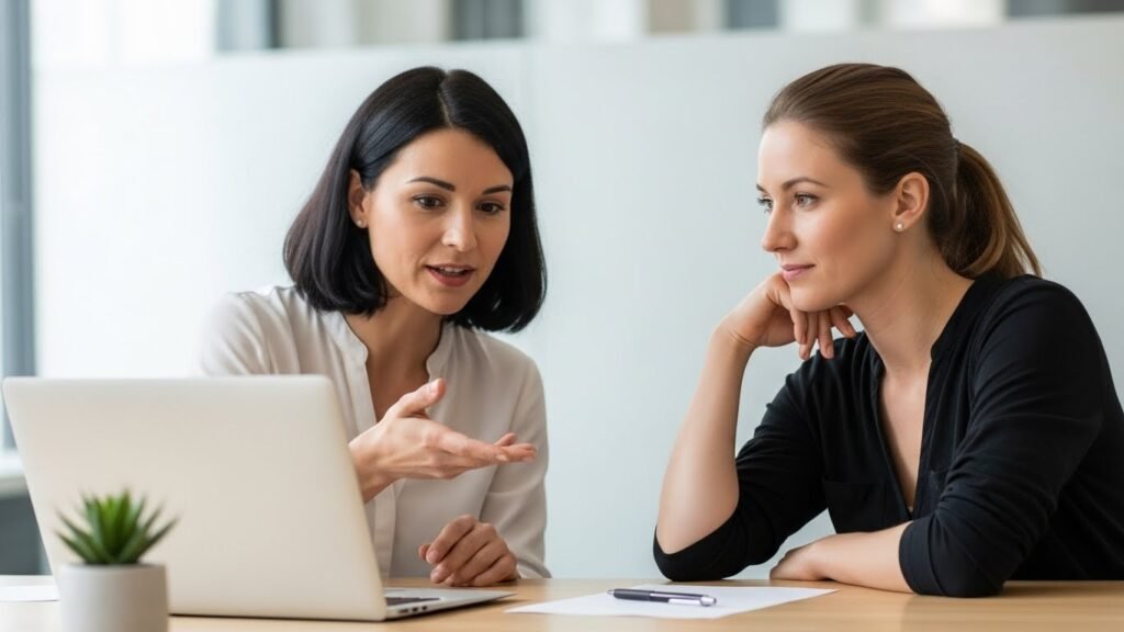 Two women reviewing digital marketing strategy on a laptop in a calm, professional workspace