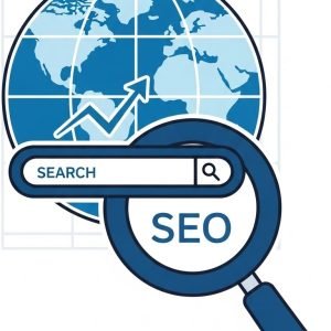Blue stylized globe with a magnifying glass overlay focused on the word SEO and a search bar at the bottom