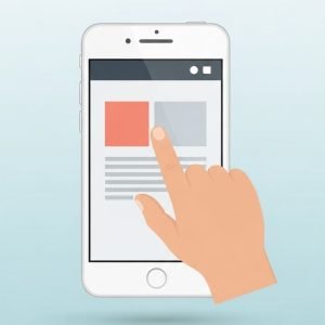 Illustration of a hand tapping on a smartphone screen displaying a mobile website interface with navigation menu and content blocks.