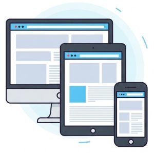 Illustration showing a desktop computer, tablet, and smartphone displaying the same website layout to demonstrate responsive design across screen sizes.