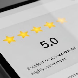 Close-up screenshot of a mobile device screen displaying a 5.0 star rating with glowing yellow stars and a customer review text saying "Excellent service and quality! Highly recommend!"