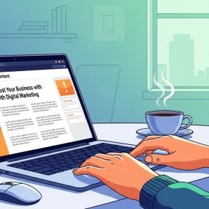 Illustrated scene of hands typing on a laptop displaying a blog post titled "Grow Your Business with AI & Digital Marketing" next to a steaming coffee cup and computer mouse on a desk with a window in the background.