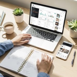 Overhead view of a workspace with a person typing on a laptop displaying social media analytics, surrounded by a notebook, coffee cup, smartphone, calculator, and small potted plants on a wooden desk.