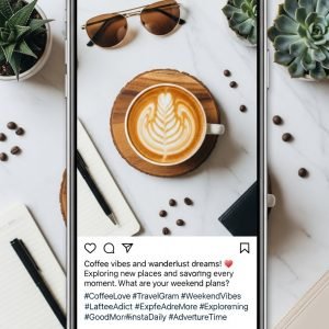 Smartphone screen displaying an Instagram-style post featuring latte art coffee, heat icons, and text about coffee vibes and seasonal menu exploration, surrounded by sunglasses, a pen, and potted plants on a table.