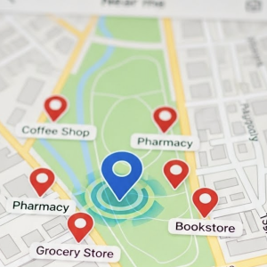 Screenshot of a map highlighting a local area with red pins marking nearby businesses including coffee shop, pharmacy, bookstore, and grocery store, with one location circled in blue.