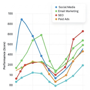 Line graph with multiple colored lines trqacking metrics labeled Social Media, Local Marketing, SEO, and Paid Ads over time with fluctuating trends.