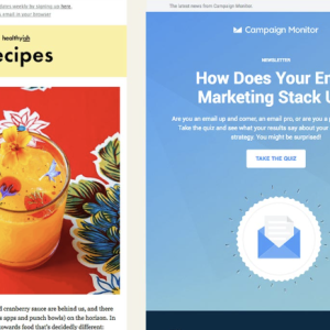 Overlapping mockup designs of promotional emails: one yellow card with "Recipes" and a tropical drink illustration, the other blue card titled "How Does Your Email Marketing Stack Up" with an envelope icon.